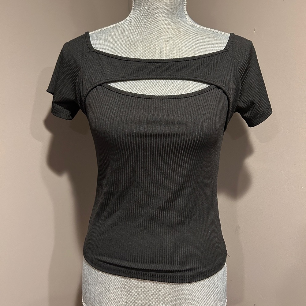 Black ribbed crop top with cut out detail
